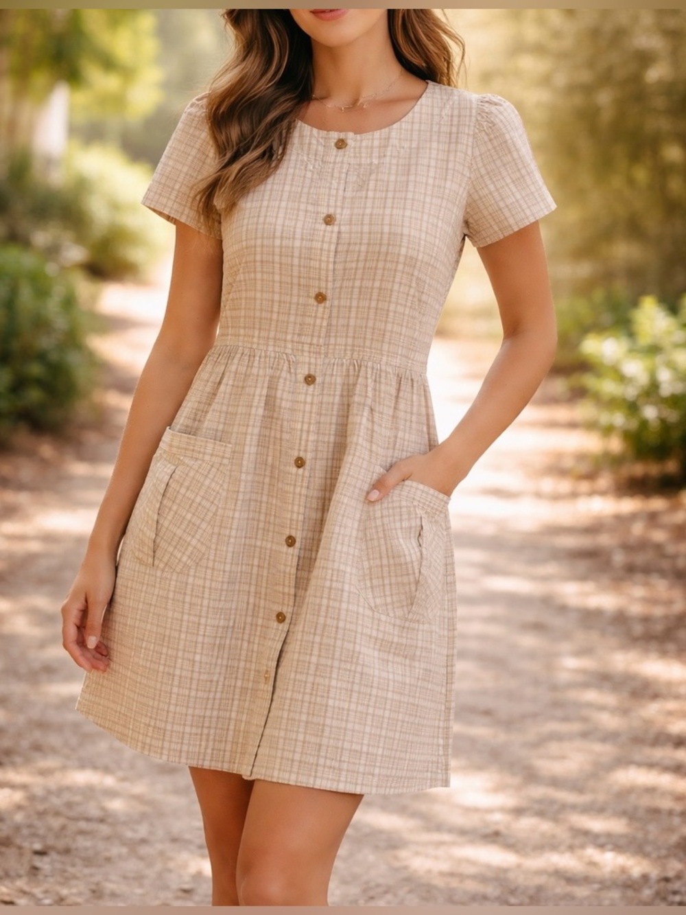 A.P.C. Beige Plaid Short-Sleeve Button Front Shirt Dress, Medium, Cottagecore